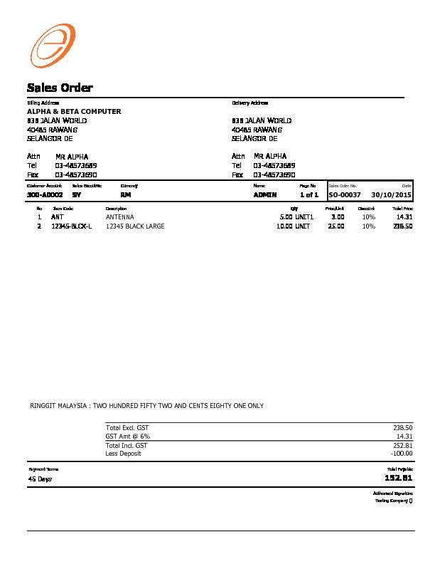Sales Order 2 GST Deposit